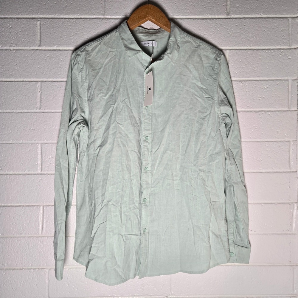 Linen Cotton Blend‎ Button Shirt Mens Large Casual Resort Beachy Wedding Mint